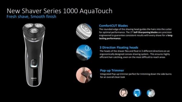 PHILIPS S1223, Wet or Dry  Shaver Comfort Cut blades 3-Directional Flex Heads One-touch Open Pop-up Electric Shaver, Black - Image 2