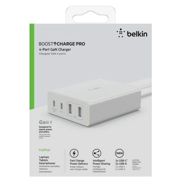 Belkin 108W GaN 4 Port (2 USB-A and 2 USB-C PD 3.0) Fast Charger - Image 2