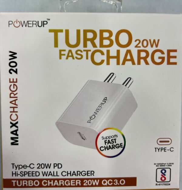 Powerup Turbo 20W USB-C Adapter for Android/iPhone/iPad/AirPods/Speaker 3.0 QC Type-C Wall Charger - White