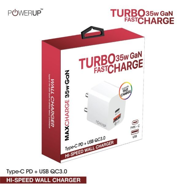 Powerup Turbo 35W Gan Fast Charge Type-C Pd + USB QC 3.0 Hi Speed Wall Charger