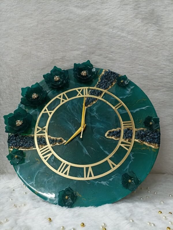 Elevate Your Space with a Handcrafted Resin Wall Clock-Green with Stone Work - Image 2