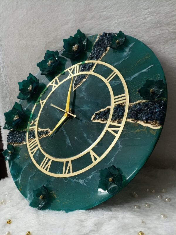 Elevate Your Space with a Handcrafted Resin Wall Clock-Green with Stone Work - Image 5