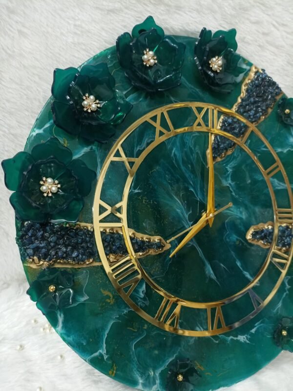 Elevate Your Space with a Handcrafted Resin Wall Clock-Green with Stone Work - Image 3