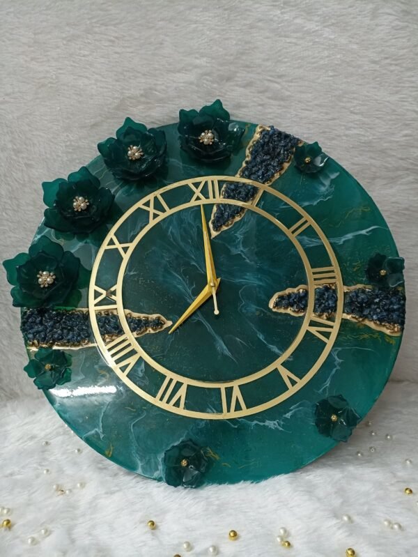 Elevate Your Space with a Handcrafted Resin Wall Clock-Green with Stone Work